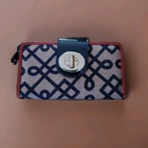 Spartina 449 Twist-Lock Burlap Fabric and Leather Wallet ■ Neutral with Red Trim